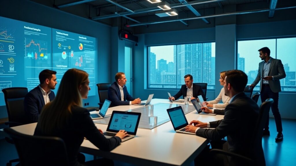 Executive discussing AI-driven solutions with employees during a strategy meeting.