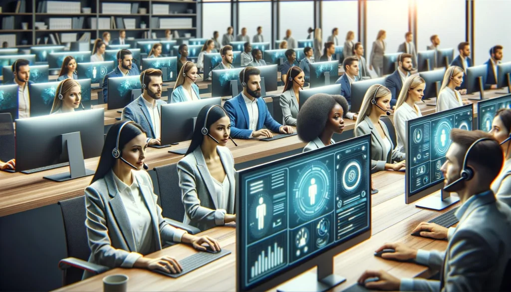 Customer service agents using AI chatbots to streamline inquiries and improve customer satisfaction.