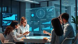 Mixed group of professionals engaging with AI training modules in a modern workspace