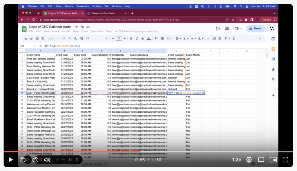 Spreadsheet with email addresses and related data columns.